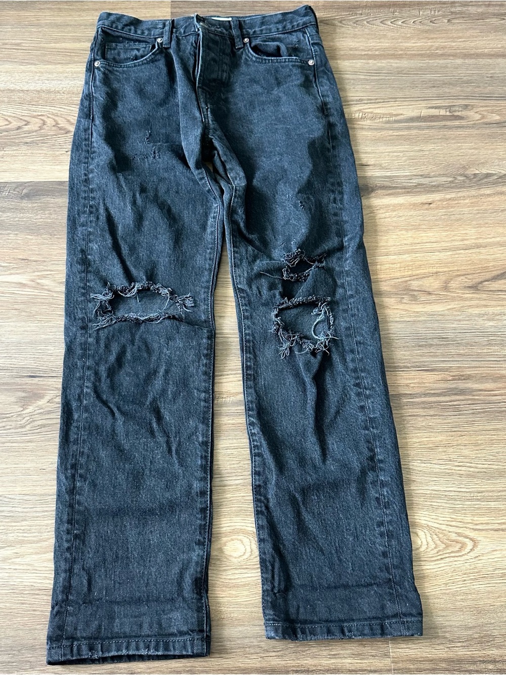 We The Free People Straight Leg Jeans‎ Denim Destroyed Black 24 Button Fly Ankle